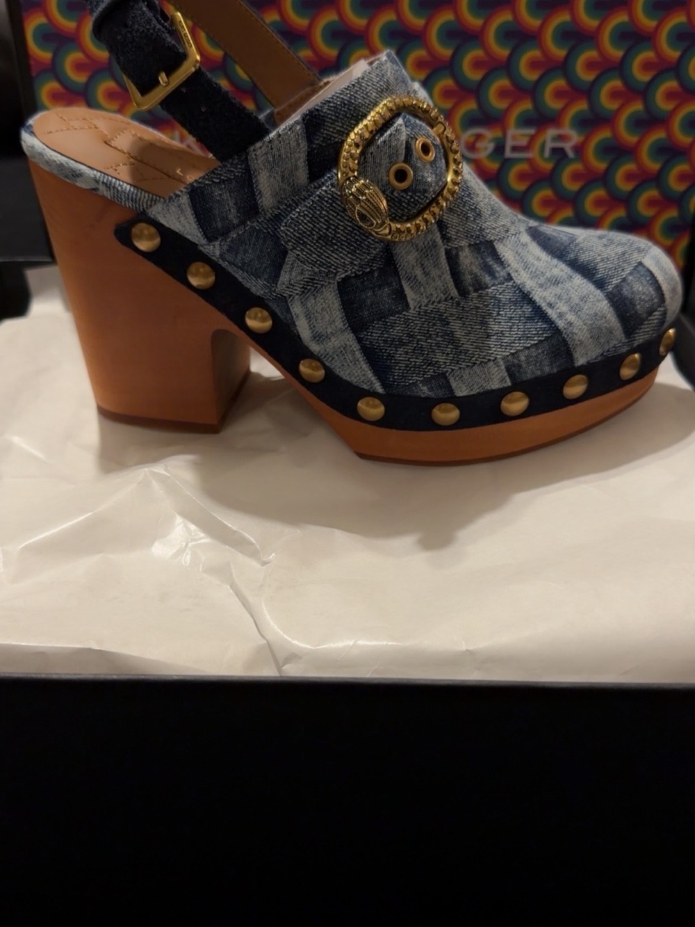 Kurt Geiger Denim Studded Wooden Clogs with Gold Accents and Matching Purse - Picture 3 of 7